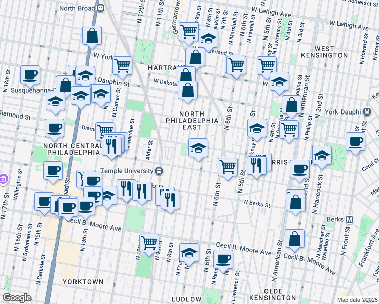 map of restaurants, bars, coffee shops, grocery stores, and more near 2021 North 8th Street in Philadelphia