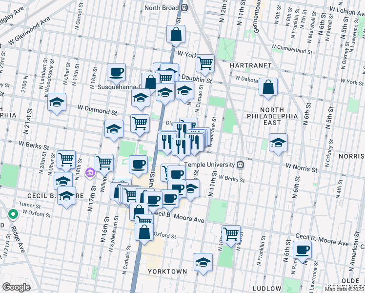 map of restaurants, bars, coffee shops, grocery stores, and more near 2014 West Susquehanna Avenue in Philadelphia