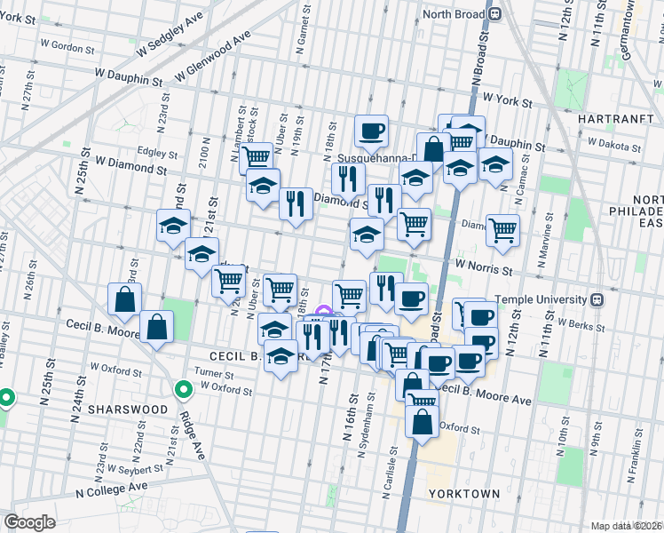 map of restaurants, bars, coffee shops, grocery stores, and more near in Philadelphia