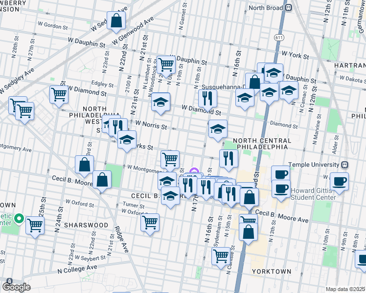 map of restaurants, bars, coffee shops, grocery stores, and more near 1849 North 18th Street in Philadelphia