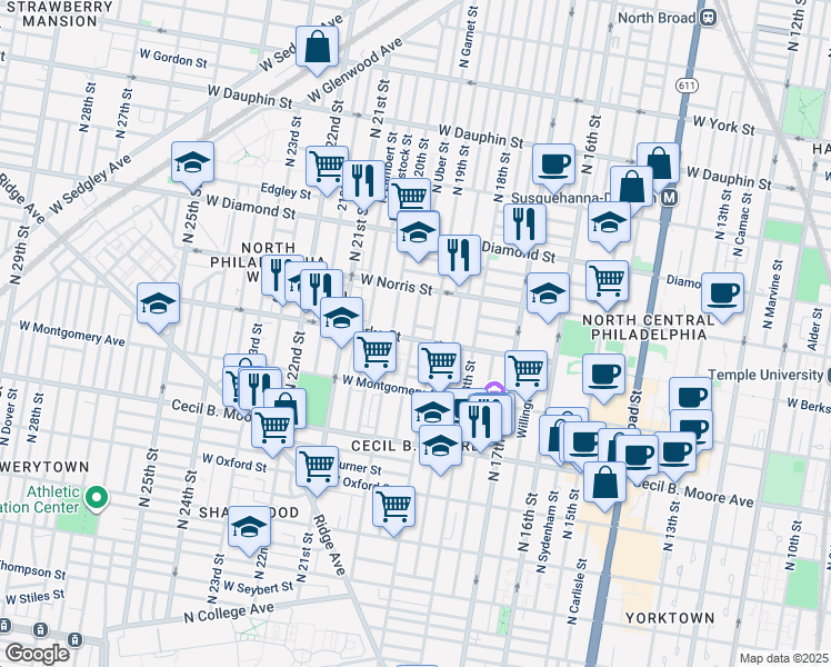 map of restaurants, bars, coffee shops, grocery stores, and more near 1923 West Berks Street in Philadelphia