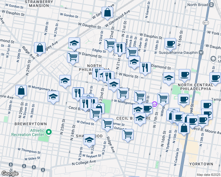 map of restaurants, bars, coffee shops, grocery stores, and more near 1827 North Van Pelt Street in Philadelphia