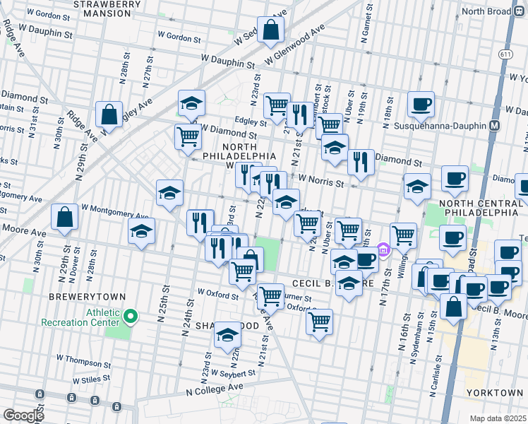 map of restaurants, bars, coffee shops, grocery stores, and more near 1843 North 22nd Street in Philadelphia
