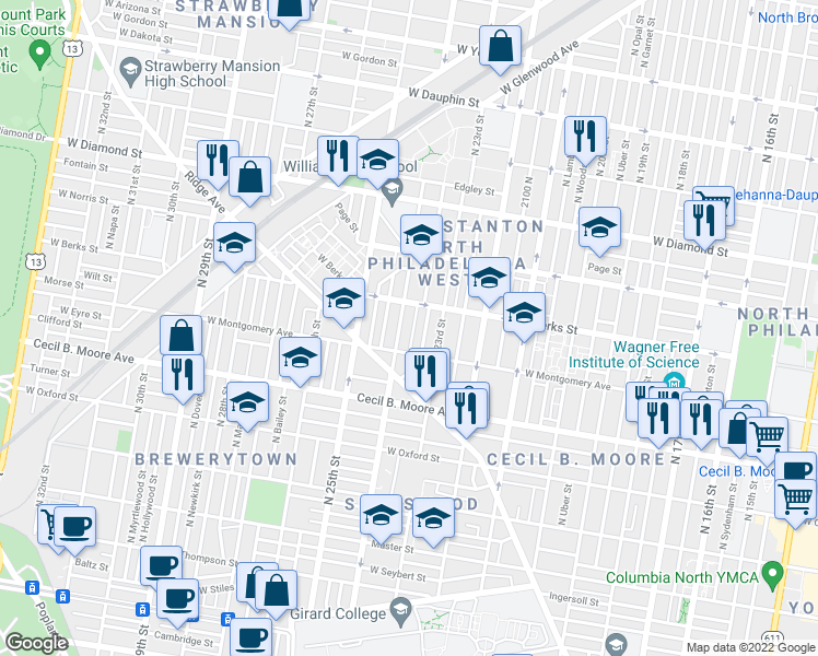 map of restaurants, bars, coffee shops, grocery stores, and more near 1815 Judson Street in Philadelphia