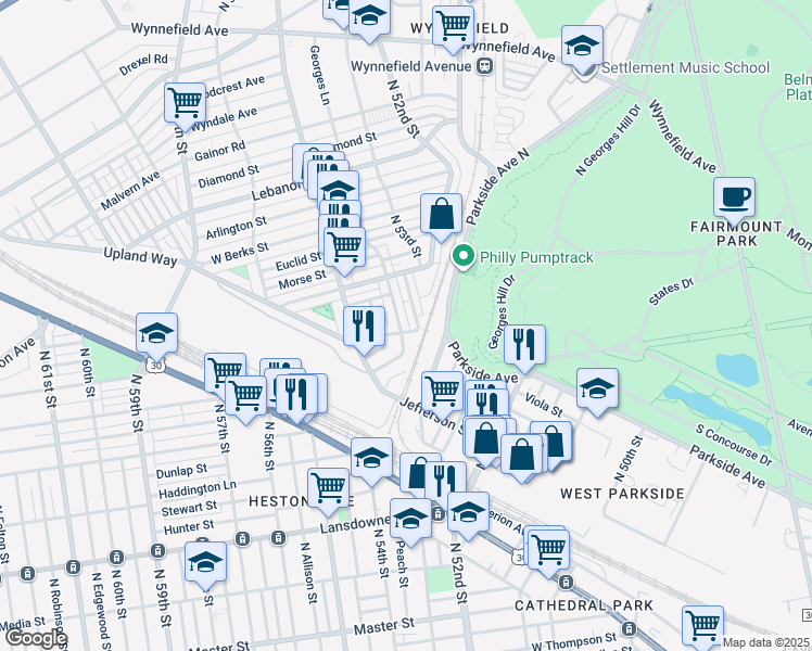 map of restaurants, bars, coffee shops, grocery stores, and more near 5306 West Columbia Avenue in Philadelphia