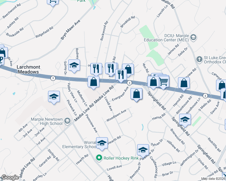 map of restaurants, bars, coffee shops, grocery stores, and more near 45 Media Line Road in Broomall