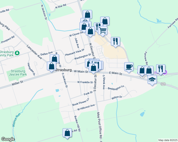 map of restaurants, bars, coffee shops, grocery stores, and more near 14 West Main Street in Strasburg