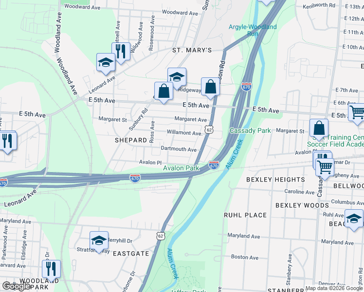 map of restaurants, bars, coffee shops, grocery stores, and more near 2241 Dartmouth Avenue in Columbus