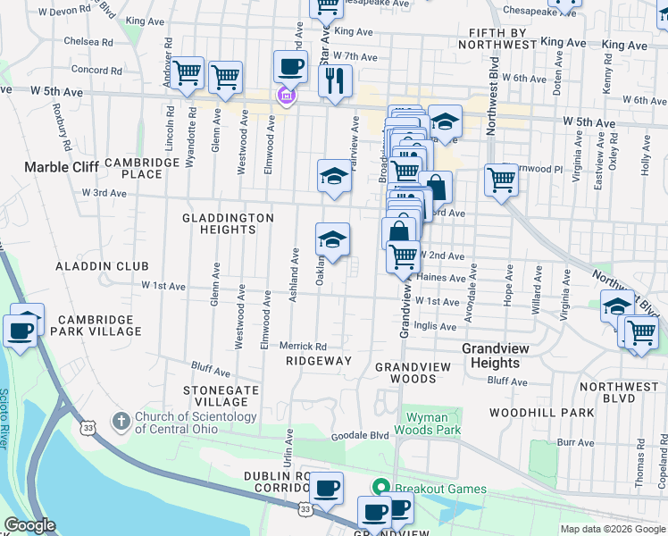 map of restaurants, bars, coffee shops, grocery stores, and more near 1230 Oakland Avenue in Columbus