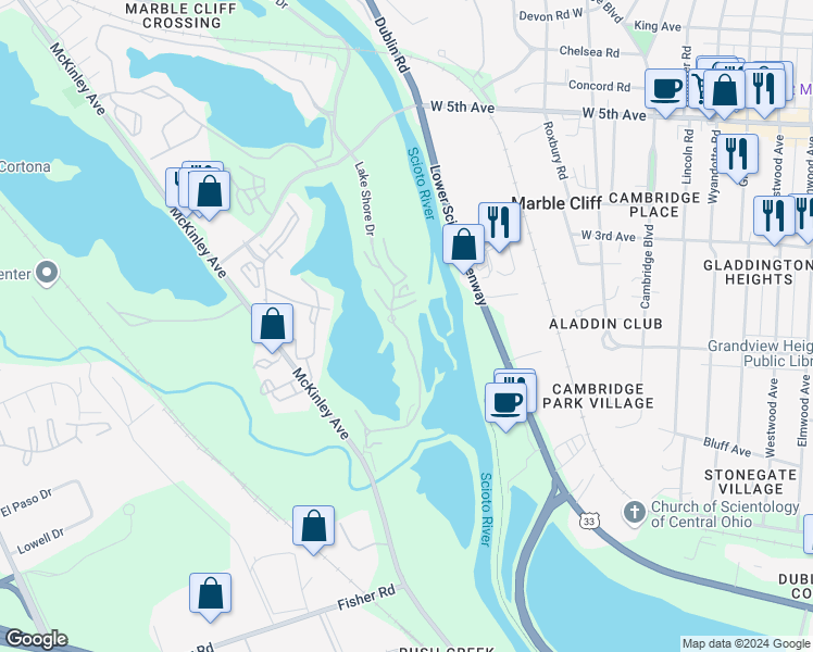 map of restaurants, bars, coffee shops, grocery stores, and more near 1326 Lake Shore Drive in Columbus