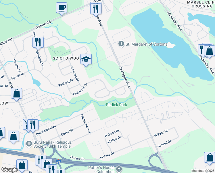 map of restaurants, bars, coffee shops, grocery stores, and more near 3261 Vasalboro Way in Columbus