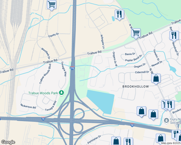 map of restaurants, bars, coffee shops, grocery stores, and more near 1371 Brookforest Drive in Columbus