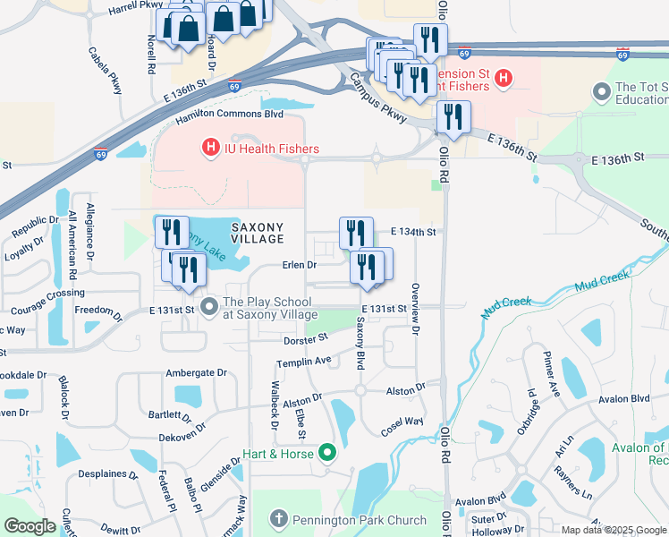 map of restaurants, bars, coffee shops, grocery stores, and more near 13508 Molique Boulevard in Fishers