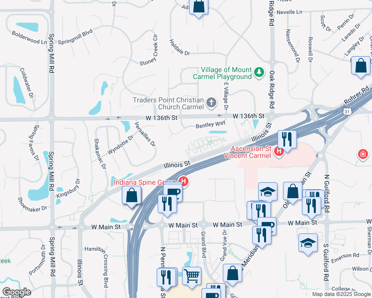 map of restaurants, bars, coffee shops, grocery stores, and more near 13436 Hoosier Hill Drive in Carmel