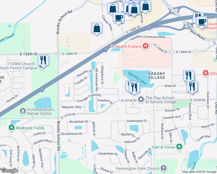 map of restaurants, bars, coffee shops, grocery stores, and more near 12884 Courage Crossing in Fishers