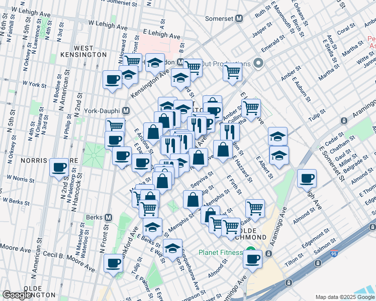 map of restaurants, bars, coffee shops, grocery stores, and more near 2455 Martha Street in Philadelphia