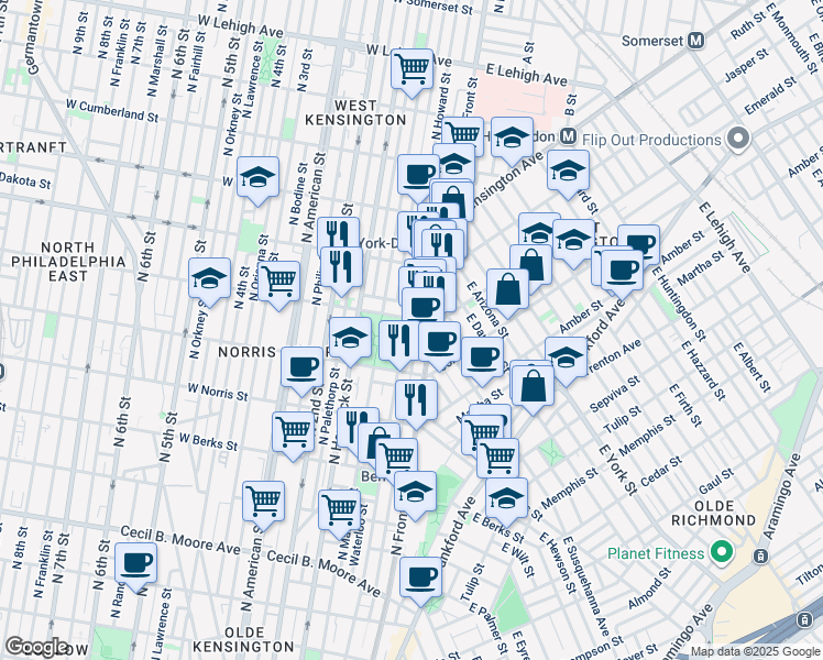 map of restaurants, bars, coffee shops, grocery stores, and more near 2145 North Howard Street in Philadelphia