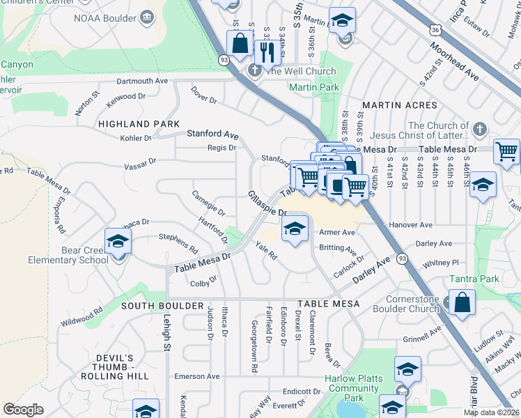 map of restaurants, bars, coffee shops, grocery stores, and more near 725 Gillaspie Dr in Boulder
