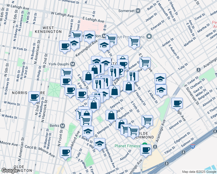 map of restaurants, bars, coffee shops, grocery stores, and more near 2455 Martha Street in Philadelphia