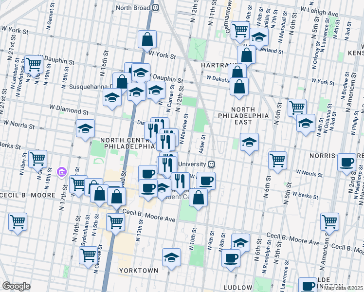 map of restaurants, bars, coffee shops, grocery stores, and more near 2013 North Marvine Street in Philadelphia