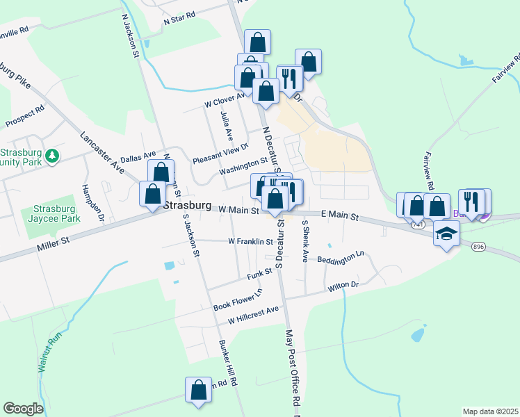 map of restaurants, bars, coffee shops, grocery stores, and more near 29 West Main Street in Strasburg