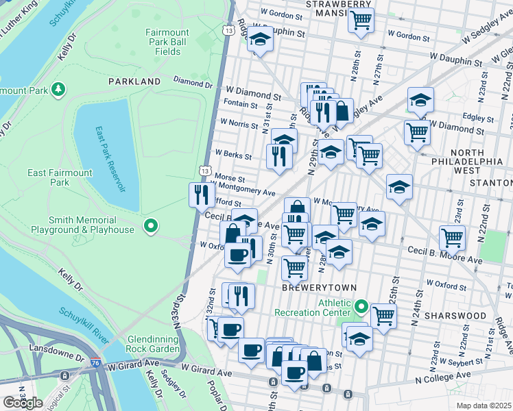 map of restaurants, bars, coffee shops, grocery stores, and more near 1733 North 31st Street in Philadelphia