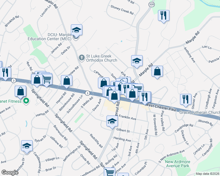 map of restaurants, bars, coffee shops, grocery stores, and more near 2635 West Chester Pike in Broomall