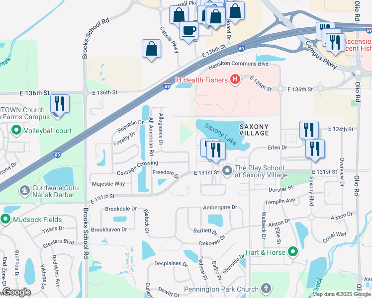 map of restaurants, bars, coffee shops, grocery stores, and more near 12954 Old Glory Drive in Fishers