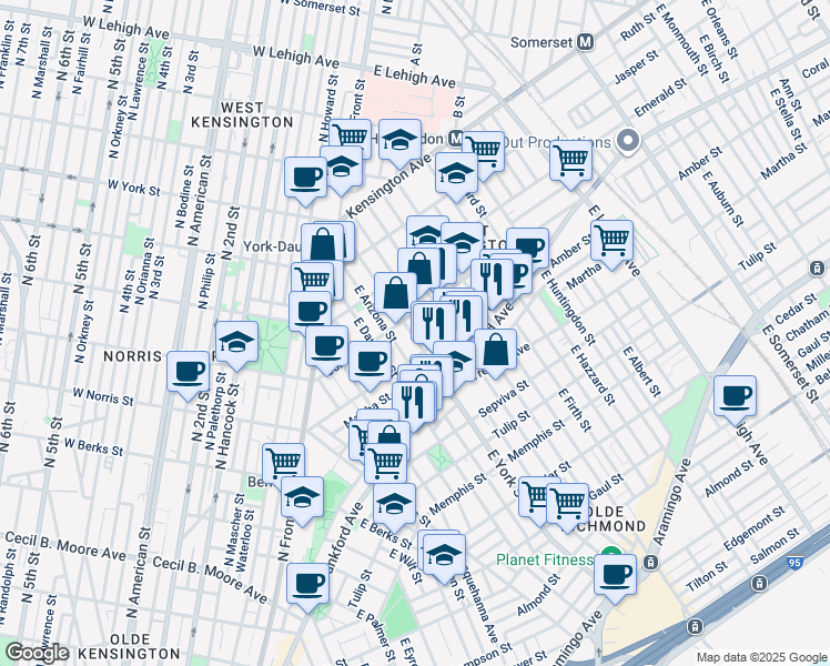 map of restaurants, bars, coffee shops, grocery stores, and more near 2053 East York Street in Philadelphia