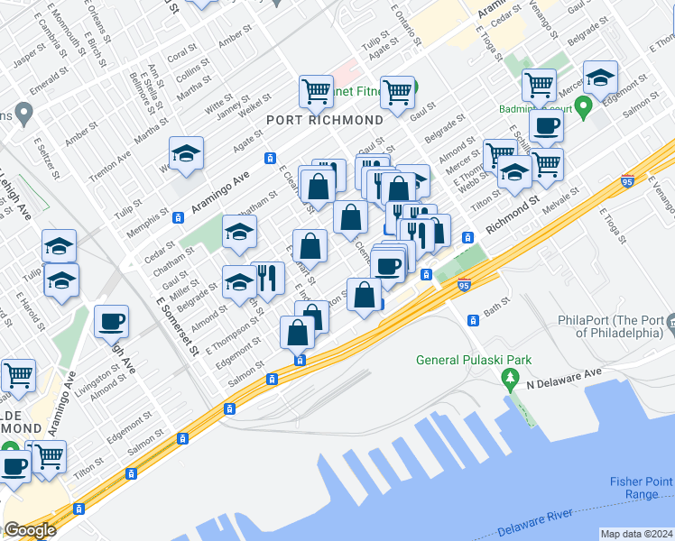 map of restaurants, bars, coffee shops, grocery stores, and more near 3067 East Thompson Street in Philadelphia