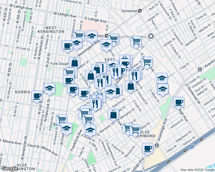 map of restaurants, bars, coffee shops, grocery stores, and more near 2424 Martha Street in Philadelphia