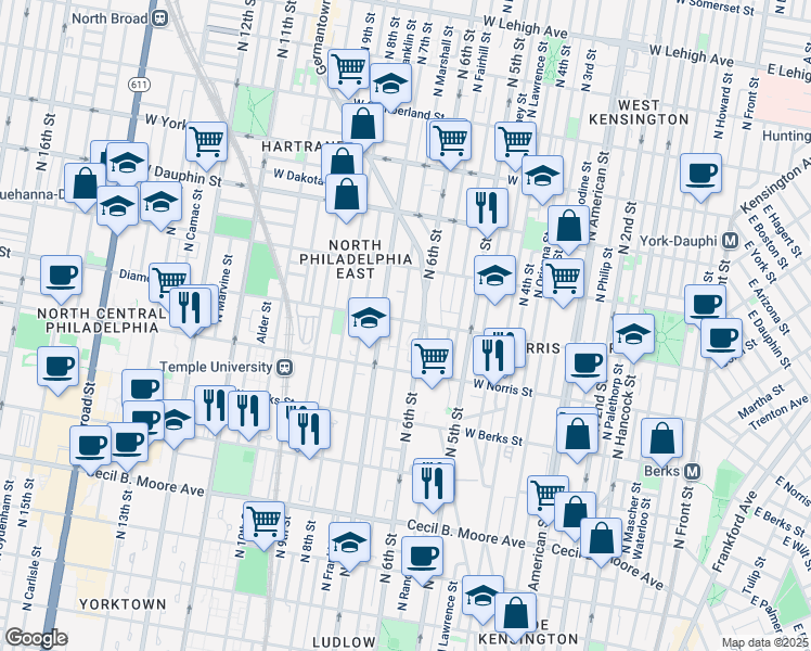 map of restaurants, bars, coffee shops, grocery stores, and more near 618 Diamond Street in Philadelphia