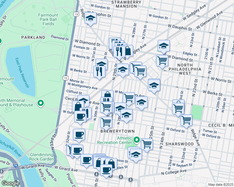 map of restaurants, bars, coffee shops, grocery stores, and more near 1765 North Dover Street in Philadelphia