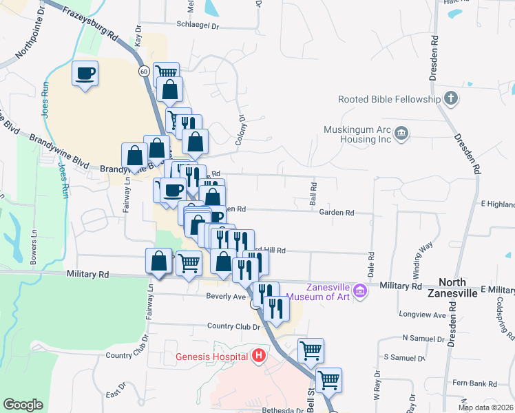 map of restaurants, bars, coffee shops, grocery stores, and more near 886 Garden Road in Zanesville