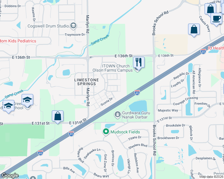 map of restaurants, bars, coffee shops, grocery stores, and more near 13225 Quarry Lane in Noblesville