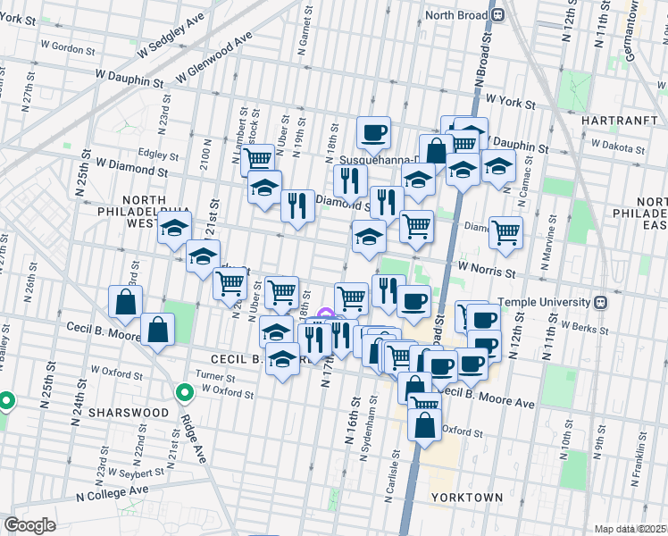 map of restaurants, bars, coffee shops, grocery stores, and more near in Philadelphia