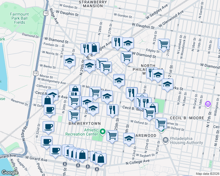 map of restaurants, bars, coffee shops, grocery stores, and more near 1757 North 26th Street in Philadelphia