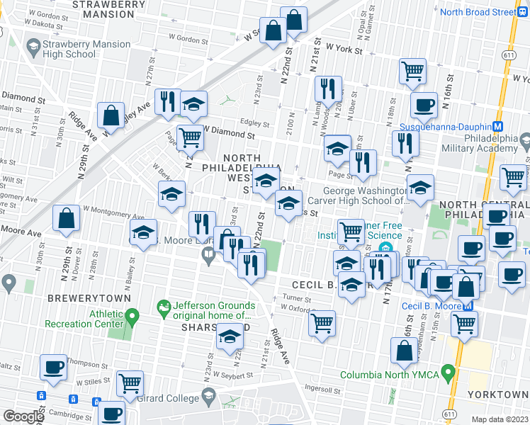 map of restaurants, bars, coffee shops, grocery stores, and more near 1845 North 22nd Street in Philadelphia