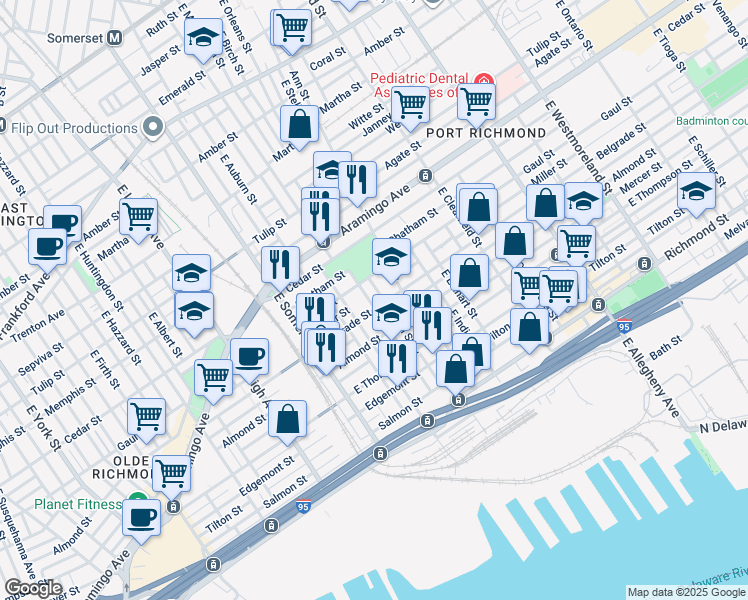 map of restaurants, bars, coffee shops, grocery stores, and more near 2527 East Monmouth Street in Philadelphia