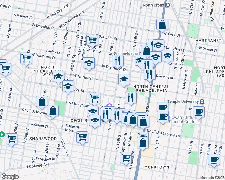 map of restaurants, bars, coffee shops, grocery stores, and more near 1713 Monument Street in Philadelphia