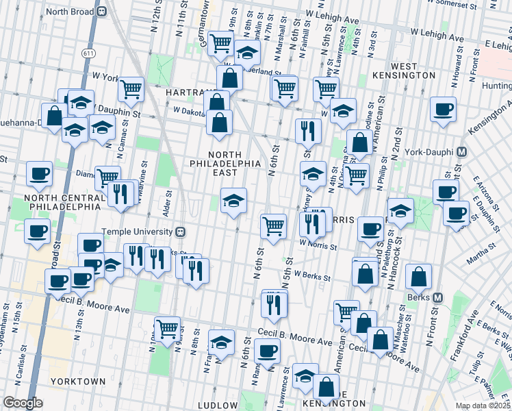 map of restaurants, bars, coffee shops, grocery stores, and more near 620 Diamond Street in Philadelphia