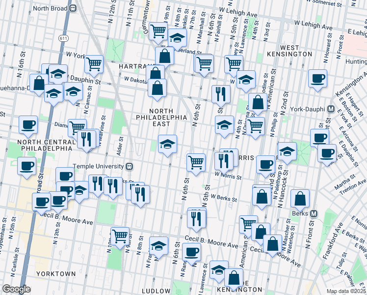 map of restaurants, bars, coffee shops, grocery stores, and more near 618 Diamond Street in Philadelphia