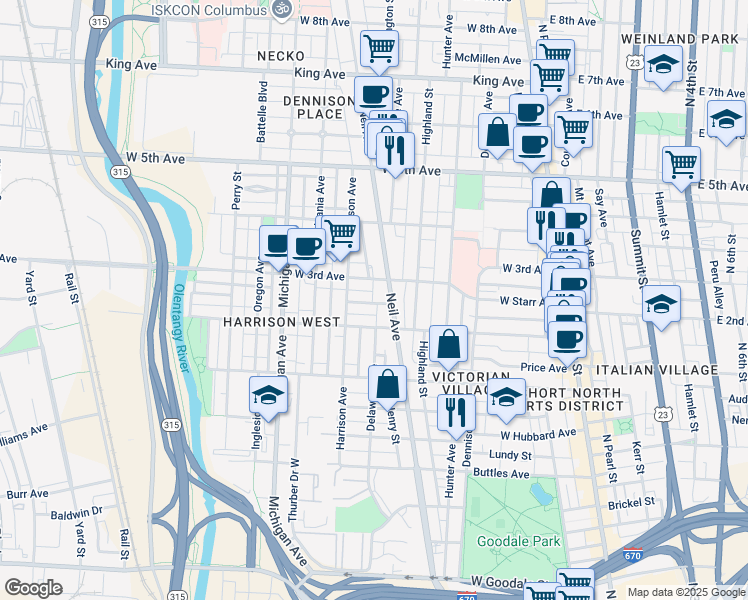map of restaurants, bars, coffee shops, grocery stores, and more near 304 Tappan Street in Columbus