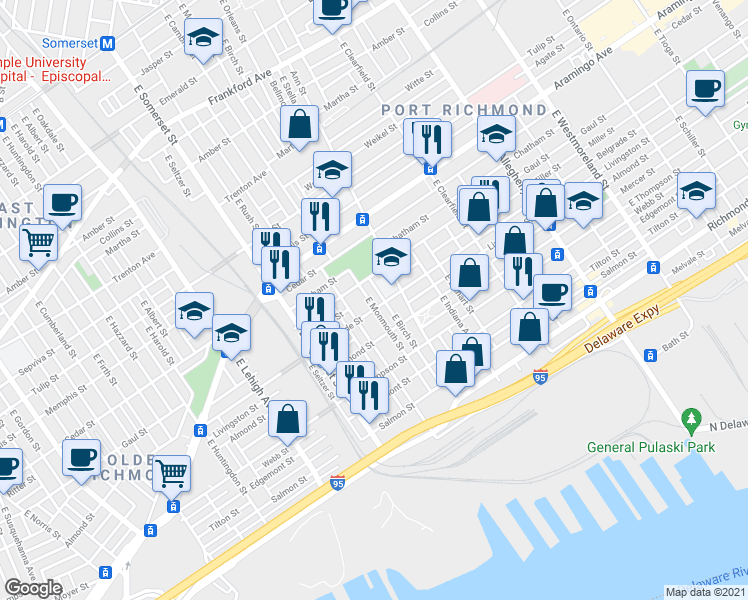 map of restaurants, bars, coffee shops, grocery stores, and more near 2527 East Monmouth Street in Philadelphia