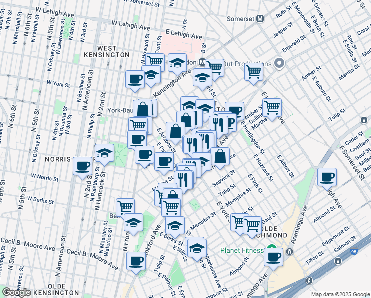 map of restaurants, bars, coffee shops, grocery stores, and more near 2053 East York Street in Philadelphia