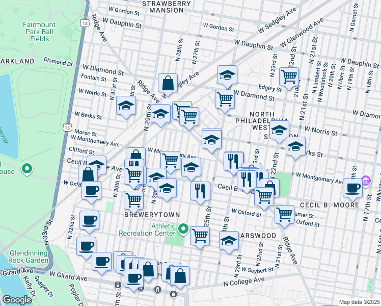 map of restaurants, bars, coffee shops, grocery stores, and more near 1808 North Bailey Street in Philadelphia