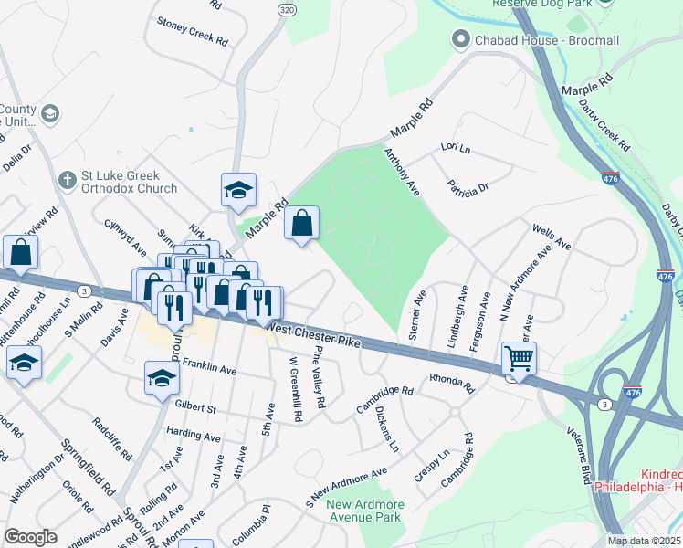 map of restaurants, bars, coffee shops, grocery stores, and more near 39 Strathaven Drive in Broomall