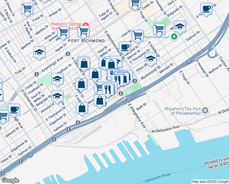map of restaurants, bars, coffee shops, grocery stores, and more near 3180 Emery Street in Philadelphia