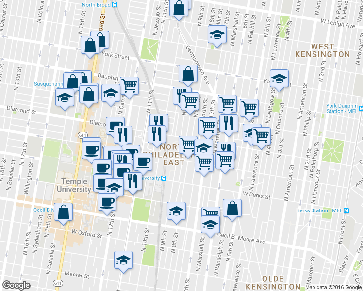 map of restaurants, bars, coffee shops, grocery stores, and more near 2041 North 9th Street in Philadelphia