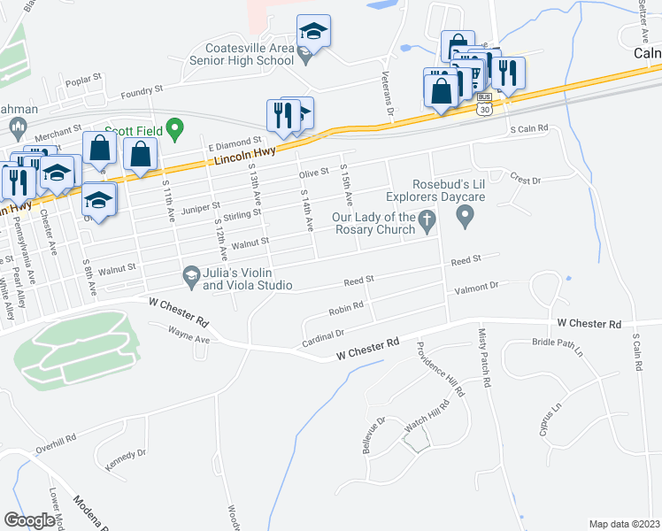 map of restaurants, bars, coffee shops, grocery stores, and more near 1404 Oak Street in Coatesville